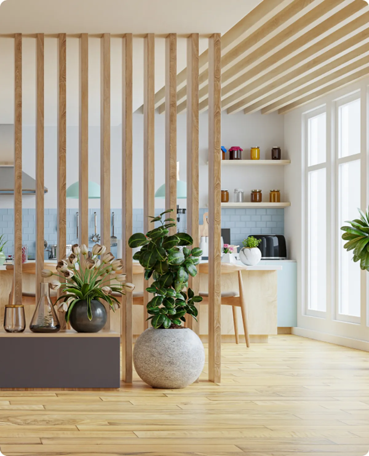 Modern home interior with wooden slats, kitchen and plants